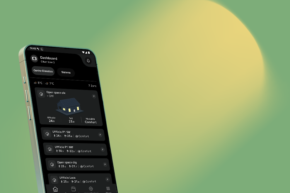 immagine grafica: aura di categoria verde e gialla, con telefono che visualizza l'applicazione hid-tconnect