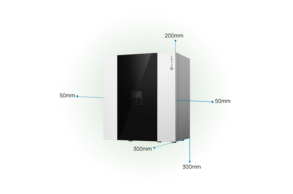 Distanze di rispetto da mantenere 50 millimetri ambo i lati, 300 millimetri frontalmente, 300millimetri sotto e 200 millimetri sopra