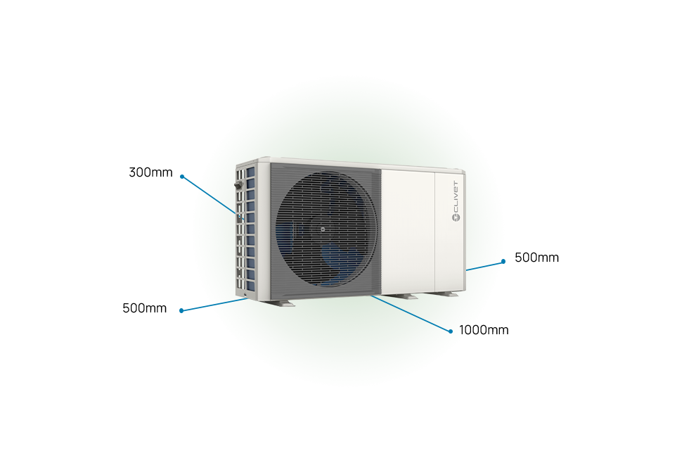 EDGE EVO 2.0 - EXC,  los espacios necesarios para la instalación son: 500 mm por ambos lados, 300 mm por la parte posterior, 1 000 mm por la parte delantera