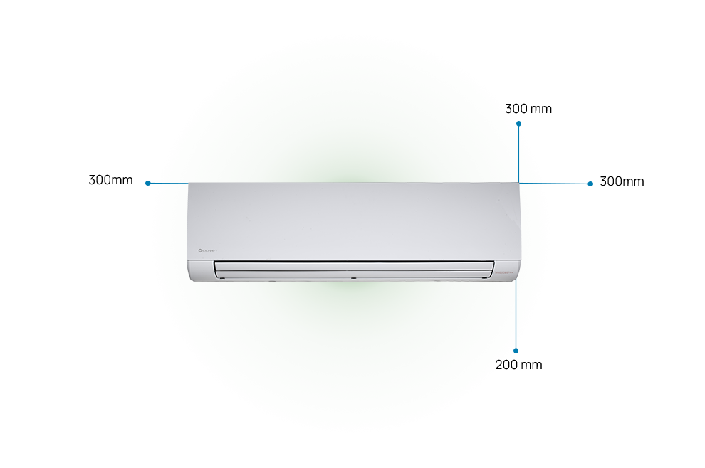 Distanze da mantenere dall'unità MOOD: 300millimetri laterale ambo i lati, 200 millimetri sotto, 300 millimetri sopra.