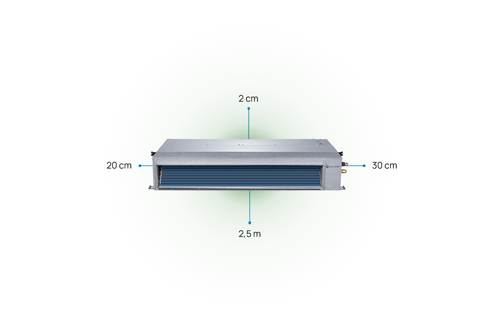 Distancias que deben respectarse para DUCT 2: 20 y 30 cm en los laterales, 2 cm por la parte superior y 2,5 metros por la parte inferior
